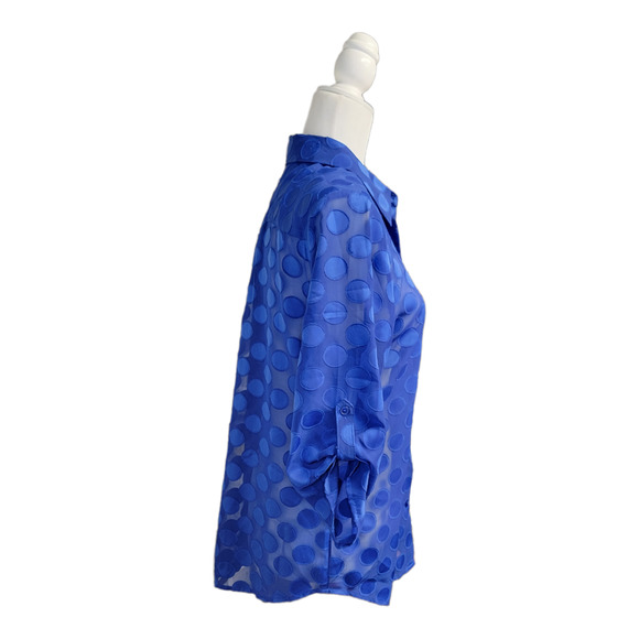 Chicos Size 1 Med 8 Polka Dot Button Down Blouse Roll Tab Sleeves Blue - Picture 4 of 7